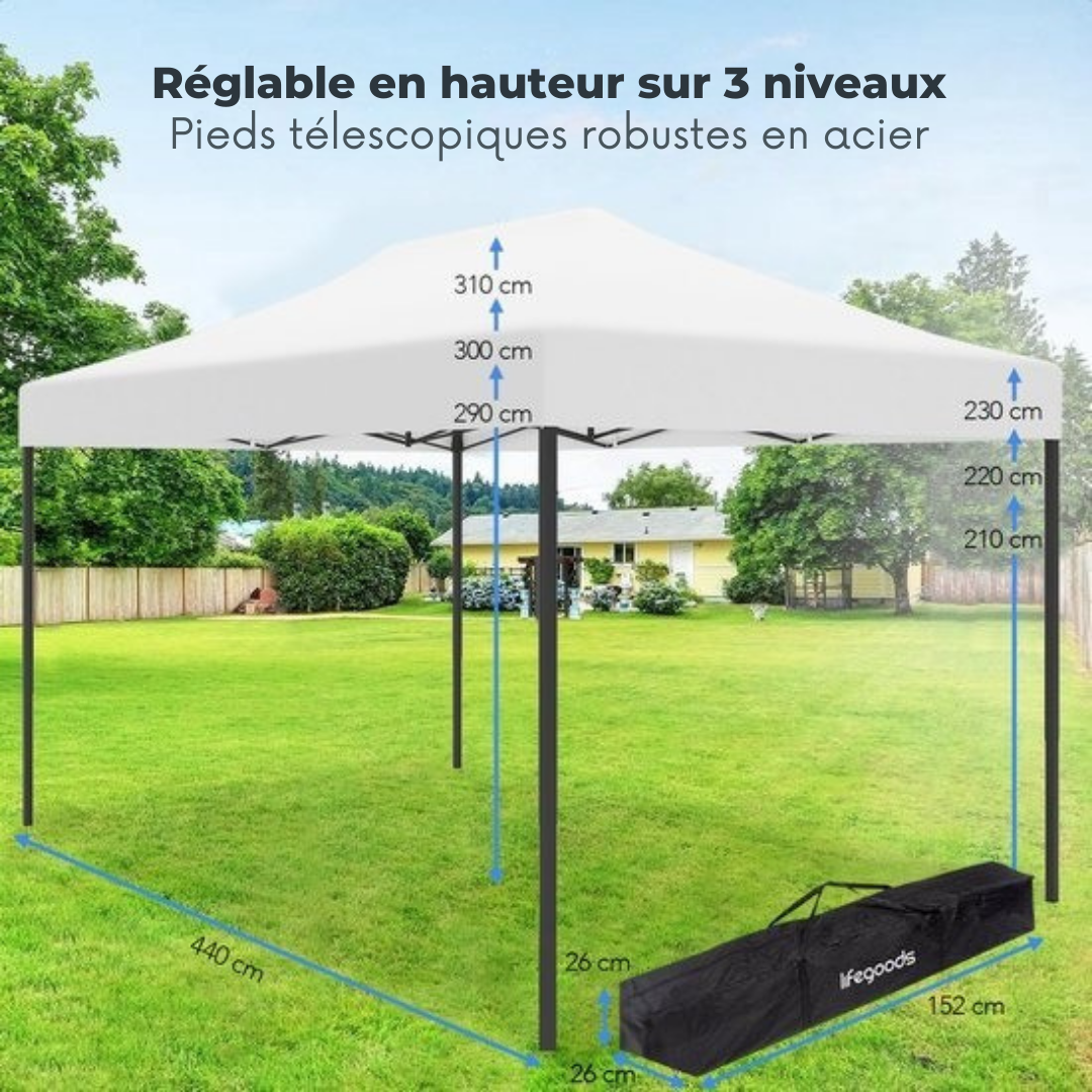 Tentes de fête - Pavillon - LifeGoods - 3x4.5 m - Facile à monter - Pliable - Imperméable - Sac de transport à roulettes - Blanc