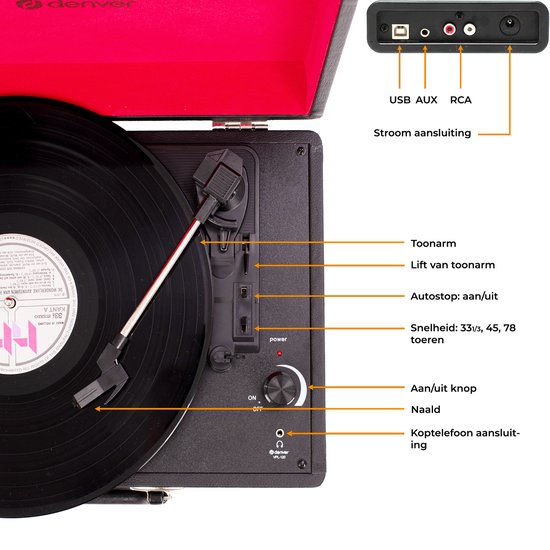 Denver Record Player - Haut-parleurs intégrés - Logiciel PC inclus - Auto-stop - Rétro - VPL120 - Noir
