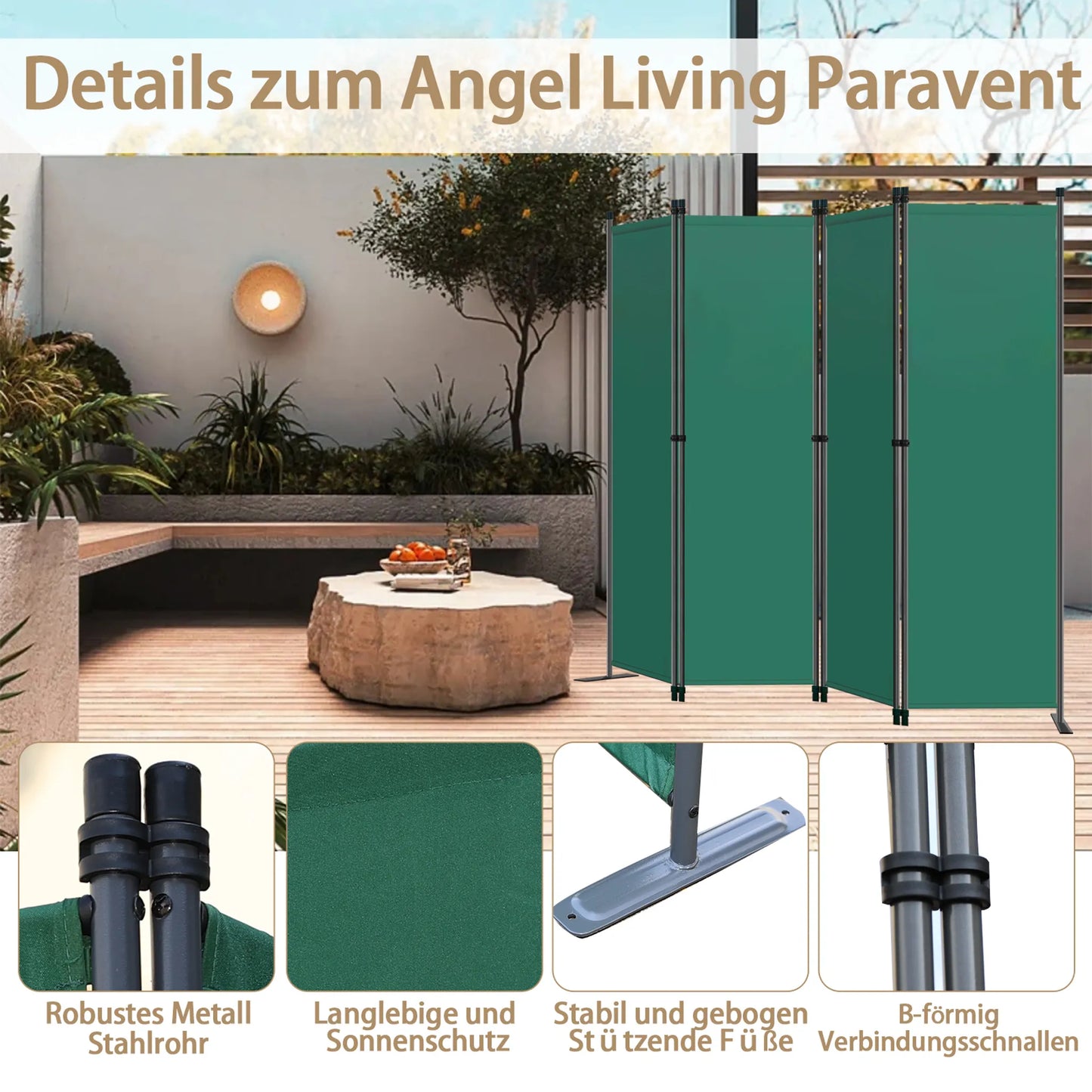 Angel Living - Paravent pliant 4 panneaux - paravent d'intérieur, paravent d'intimité - acier et polyester - vert