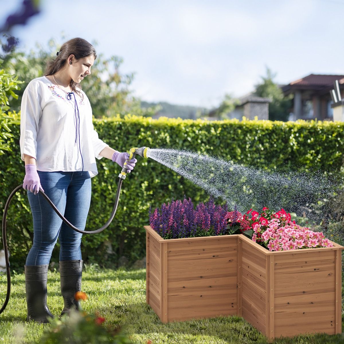 coast - Bac potager carré en bois 120x120x63 cm - Pin naturel - Base ouverte en forme de L - Marron