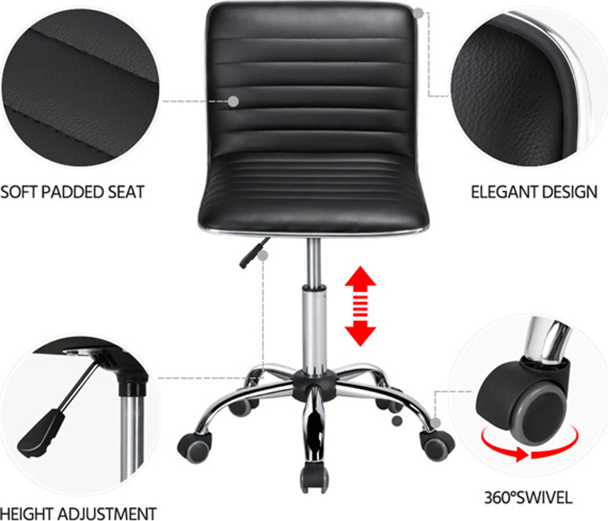 Chaise de bureau Yaheetech sans accoudoirs et chaise pivotante, capacité de charge de 120 kg, réglable en hauteur – Noir – Simili cuir PU et acier