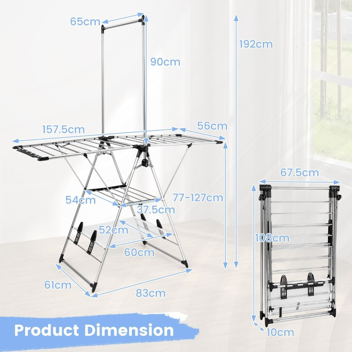 Séchoir Coast avec support de suspension - 158 x 61 x 192 cm - Silver