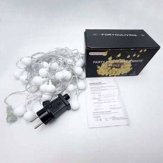 Foryouliving Guirlande lumineuse d'extérieur de 10 mètres - 50 ampoules LED blanc chaud - Guirlande lumineuse connectable avec 8 fonctions - Éclairage de jardin et d'ambiance - Éclairage de fête