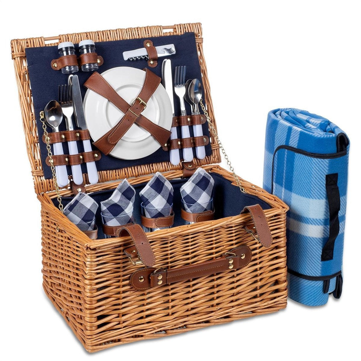 Panier Pique-Nique LifeGoods - 4 Personnes en Osier - 29 Pièces avec Tapis - Osier