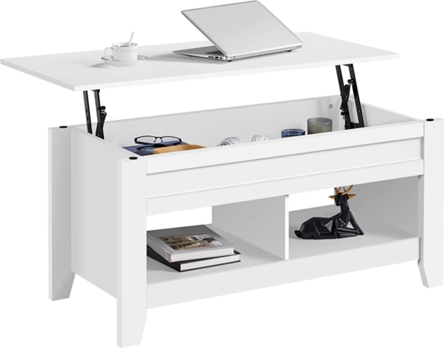 Yaheetech Table basse à plateau relevable - avec rangement caché et deux étagères ouvertes et mécanisme à ressort - pour salon et petits espaces - Mdf blanc et métal - 104.5 x 49.5 x 49-61.5 cm