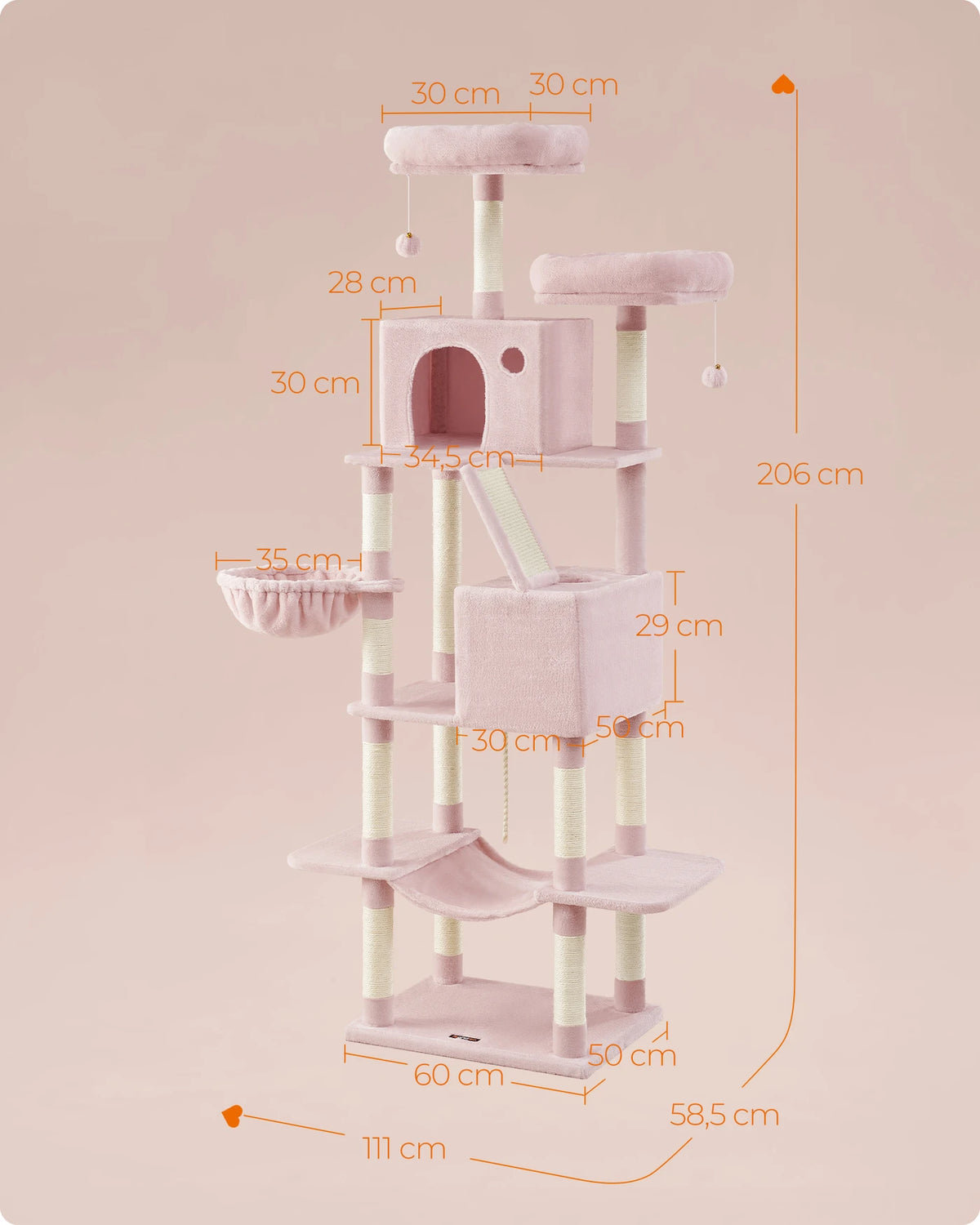 Joyfurnos Arbre à chat 206 cm - Tour pour chat XXL avec 13 poteaux à griffer, 2 maisonnettes et un hamac - Rose