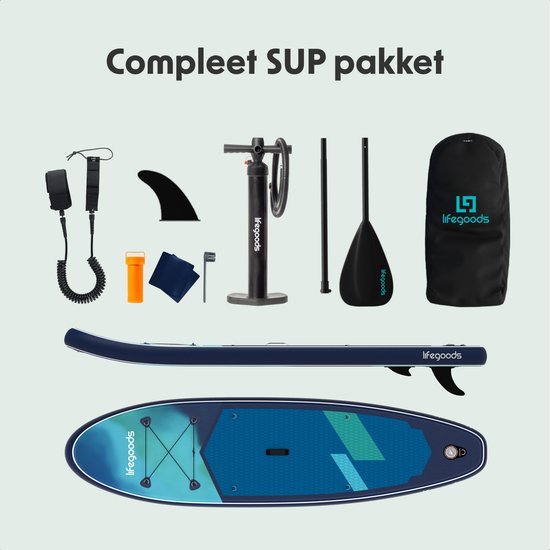 Planche de SUP LifeGoods Allround Compact - Capacité de charge de 100 kg - 300 x 76 cm - Gonflable - Kit SUP complet - Bleu/Vert