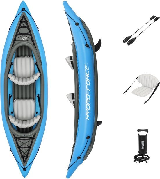 Bestway - Kayak Gonflable - Hydro-Force Cove Champion X2 - 2 Personnes - Inclus : Pagaies, Sièges, Pompe à Main et Ailerons