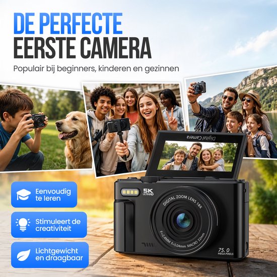 Appareil photo numérique Strex 5K 75 MP - Appareil photo - Appareil photo compact avec Wi-Fi - Appareil photo pour vlog - Appareil photo pour enfants - Zoom 18x - Écran orientable - Noir