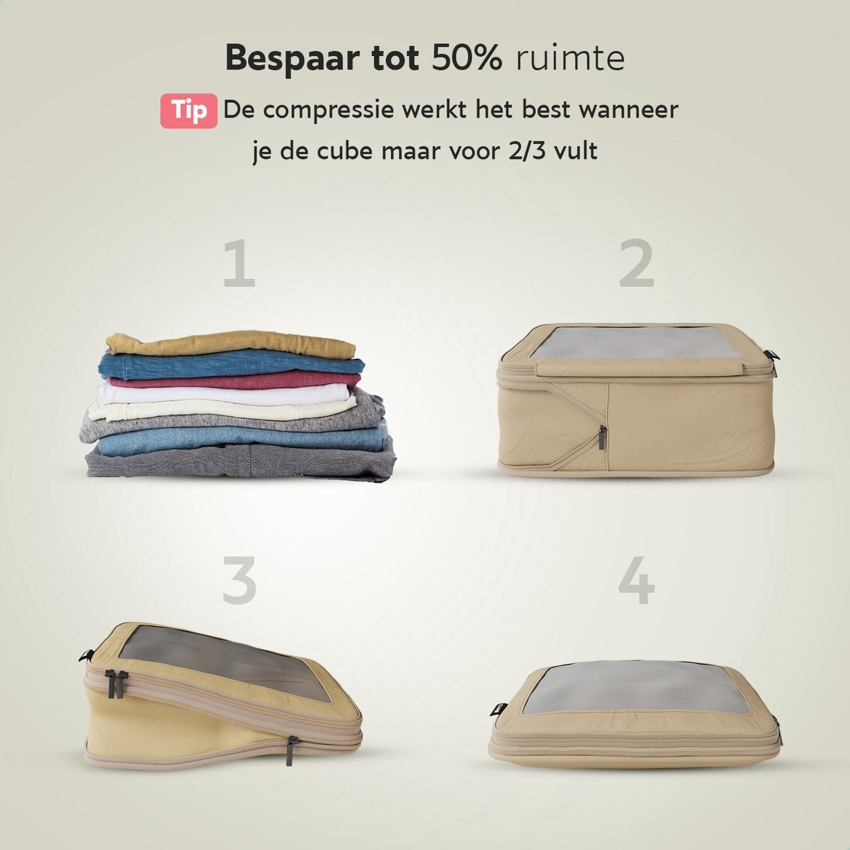 Cubes de Compression ONYX - 5 pièces - Set d'organiseurs de valise - Fermeture à glissière de compression - Pour valises et sacs - Compression de bagages & sac à dos - Beige