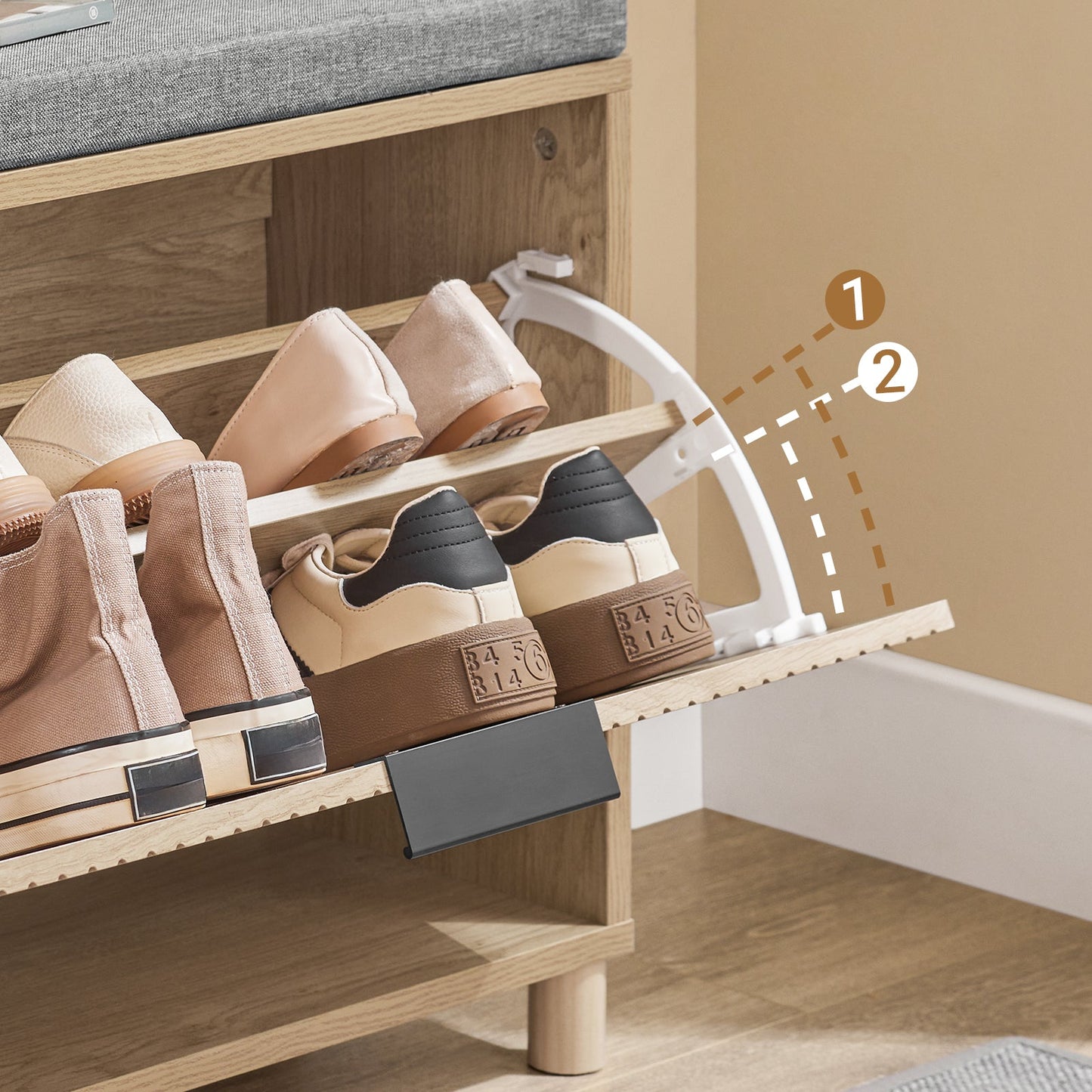 SoBuy FSR199-N Banc à chaussures avec rangement et coussin rembourré, gris et bois clair, 60 x 24 x 50 cm