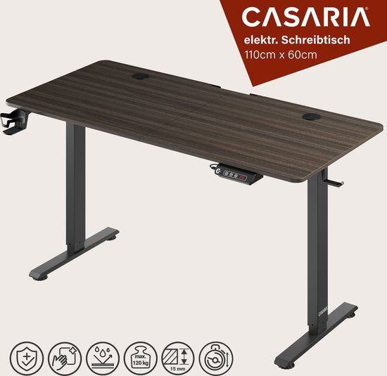 Casaria Bureau assis-debout - Réglable en hauteur Electrique - 140x60cm Marron