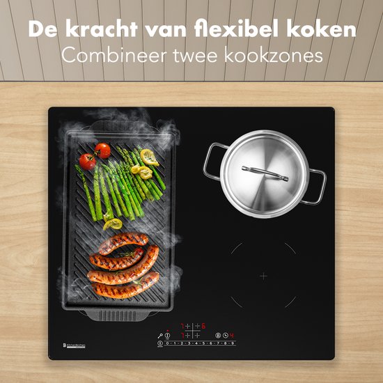KitchenBrothers Plaque de cuisson à induction - Plaque de cuisson à induction autoportante - 60 cm - 4 zones - 1x Flexzone - 1 phase - Jusqu'à 3500W - Noir