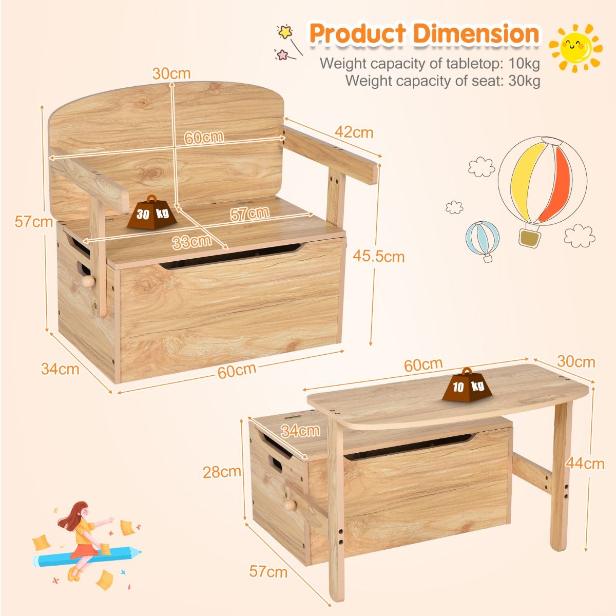 Table d'activités 3 en 1 pour enfants avec banc et coffre de rangement – 60 x 56,5 x 43,5 cm – Couleur naturelle