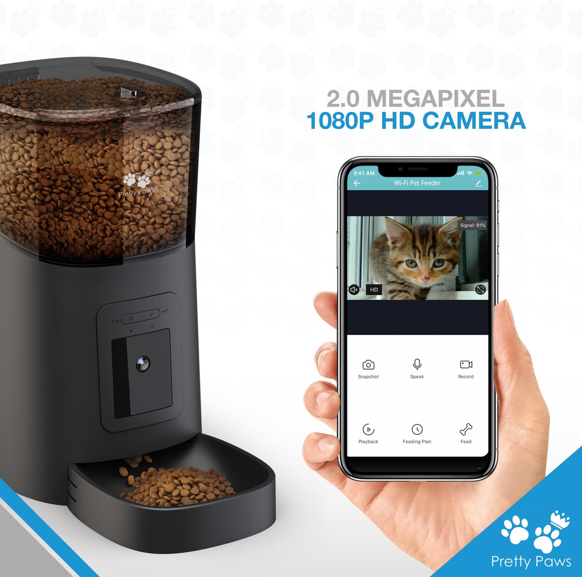 Distributeur automatique de nourriture Pretty Paws Camera - Mangeoire automatique intelligente avec application - Capacité de 6 L - 35,8 x 19,5 x 36,2 cm - Noir