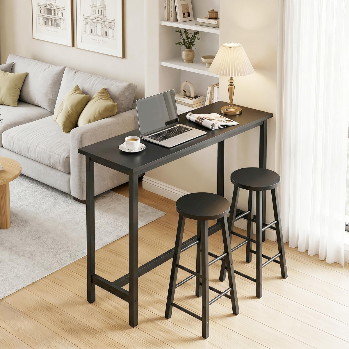 Table de bar WOLTU - table de bistrot - métal et bois - noire - 120 x 40 cm - hauteur 100 cm