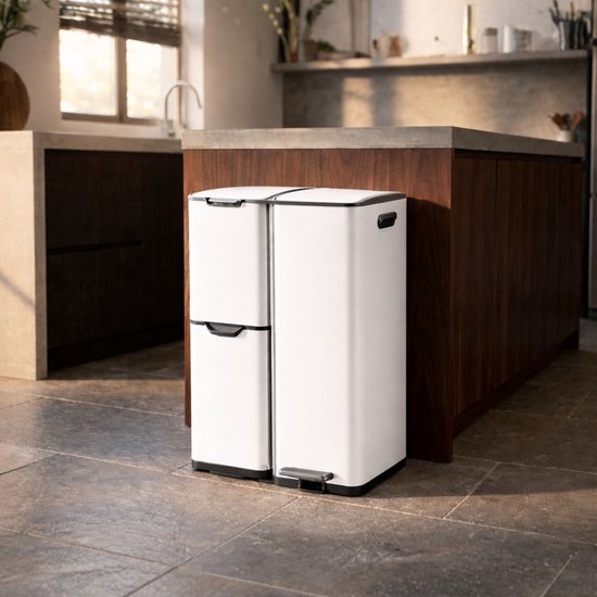 Bayt Poubelle - Poubelle 60 litres - Poubelle 60 litres - Poubelle à pédale 60 litres - Poubelle tri sélectif - Poubelle 3 compartiments - Poubelle - inox - Blanc
