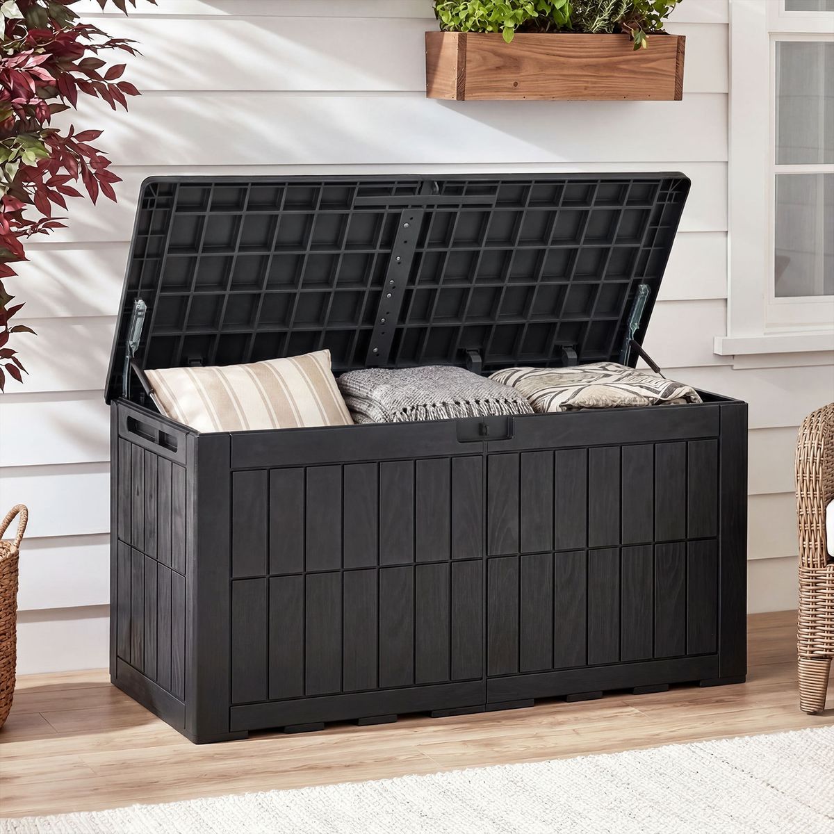 Boîte de rangement Coast pour jardin - capacité de 380 L - banc et coffre à coussins 2-en-1 - noir