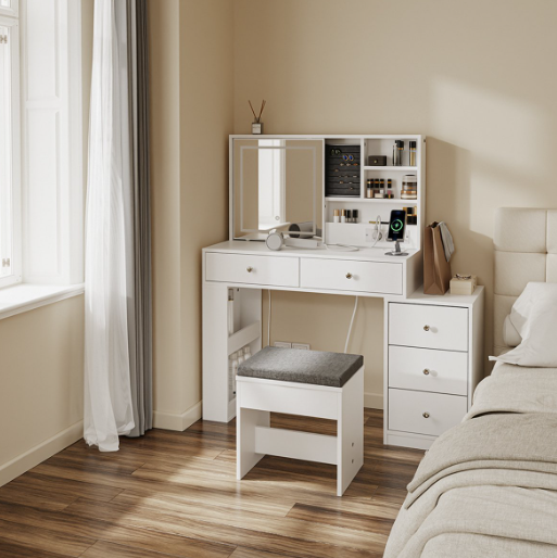 Bureau SoBuy avec miroir LED 120 x 40 x 127 cm - Blanc - 5 tiroirs - 1 porte