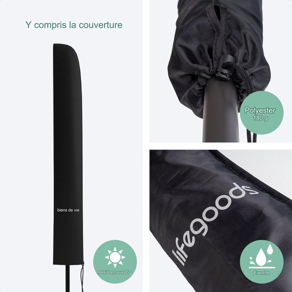 Parasol LifeGoods imperméable avec housse, 270x180cm, Gris foncé