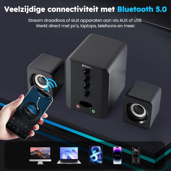 Faas - Haut-parleurs PC 2.1 - Bluetooth 5.0 - Microphone intégré - Connexion USB-C et USB-A - Ensemble d'enceintes stéréo - Noir