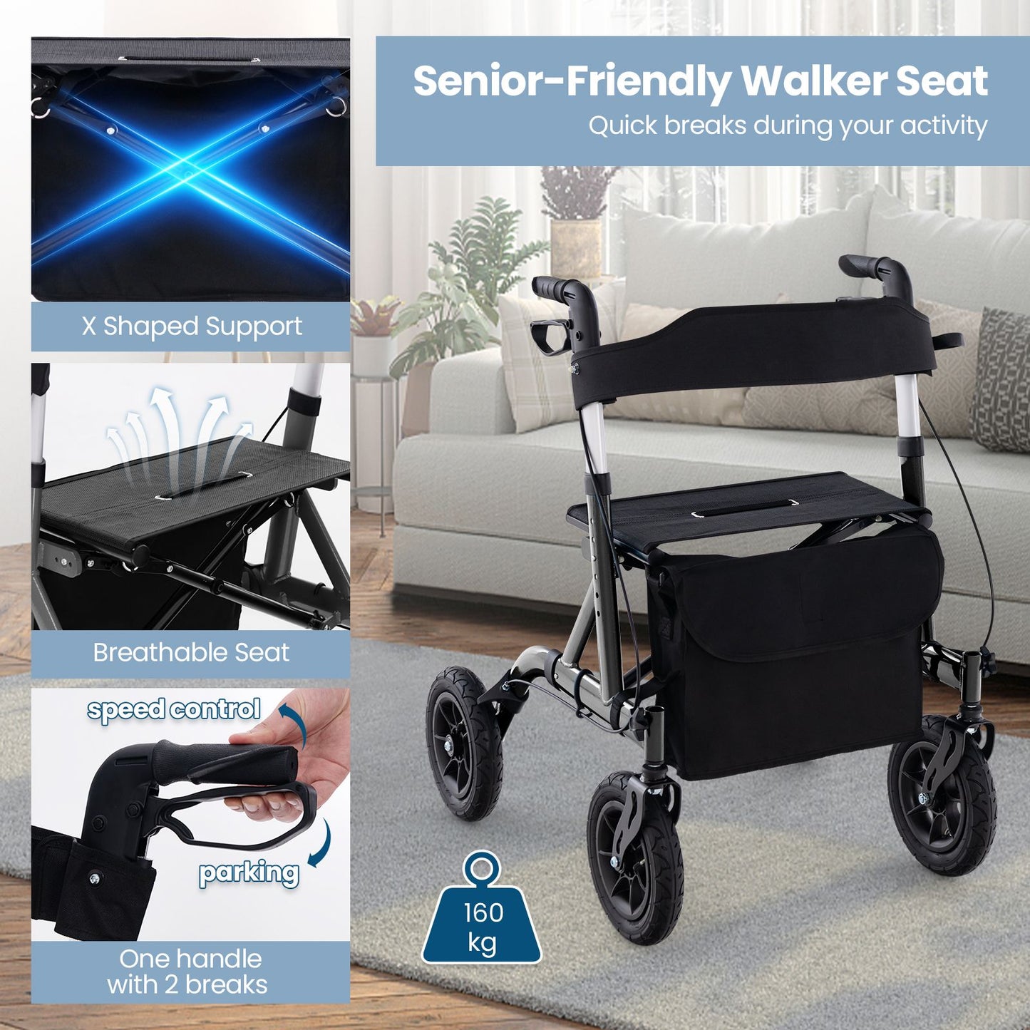 Déambulateur Coast - Pliable - Avec siège - Max. 135 kg - Noir