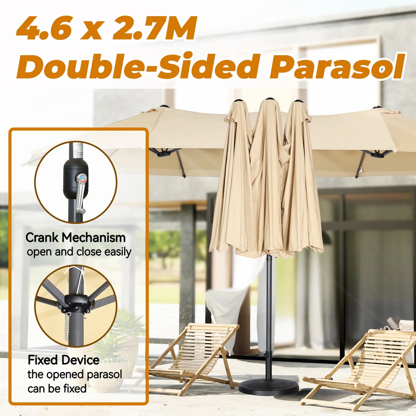 Parasol double Angel Living - 460 x 270 cm - avec manivelle - UPF 50+ - beige