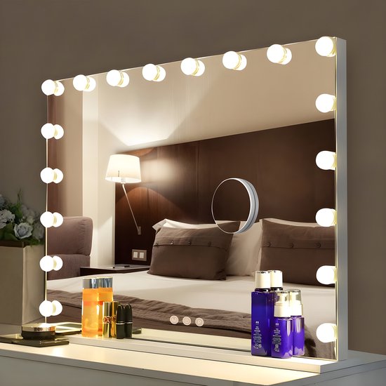 Bayt Hollywood Mirror with Lighting - Make-up Mirror with Lighting - Mirror with Lighting - Hollywood Mirror 80x60 - Dimmable - 10x Magnification - 80x60cm - White