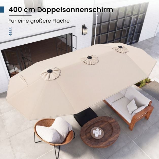 Parasol double Coast avec pied – Éclairage LED solaire et protection solaire UPF 50+ 405 x 210 x 225 cm