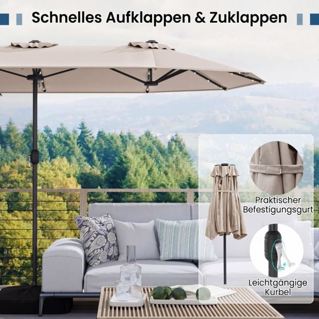 Parasol double Coast avec pied – Éclairage LED solaire et protection solaire UPF 50+ 405 x 210 x 225 cm