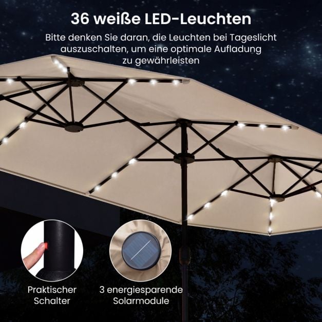Parasol double Coast avec pied – Éclairage LED solaire et protection solaire UPF 50+ 405 x 210 x 225 cm