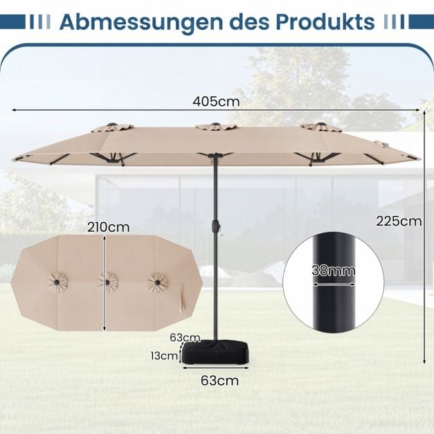 Parasol double Coast avec pied – Éclairage LED solaire et protection solaire UPF 50+ 405 x 210 x 225 cm