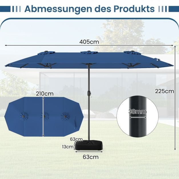 Parasol de jardin Coast avec éclairage LED solaire – Parasol inclinable avec manivelle et 8 baleines – Bleu
