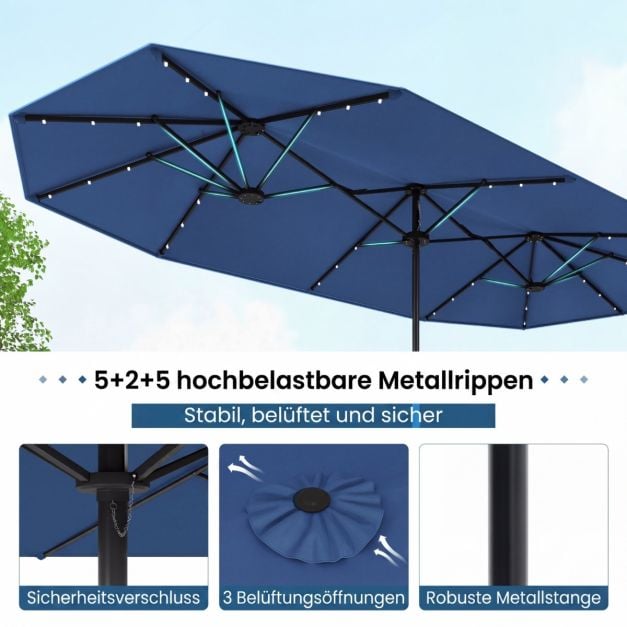 Parasol de jardin Coast avec éclairage LED solaire – Parasol inclinable avec manivelle et 8 baleines – Bleu