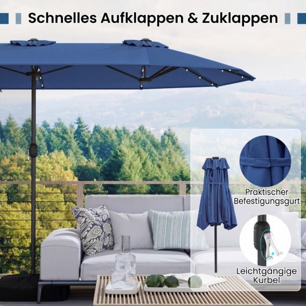 Parasol de jardin Coast avec éclairage LED solaire – Parasol inclinable avec manivelle et 8 baleines – Bleu