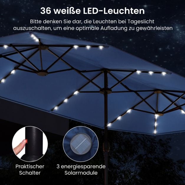 Parasol de jardin Coast avec éclairage LED solaire – Parasol inclinable avec manivelle et 8 baleines – Bleu