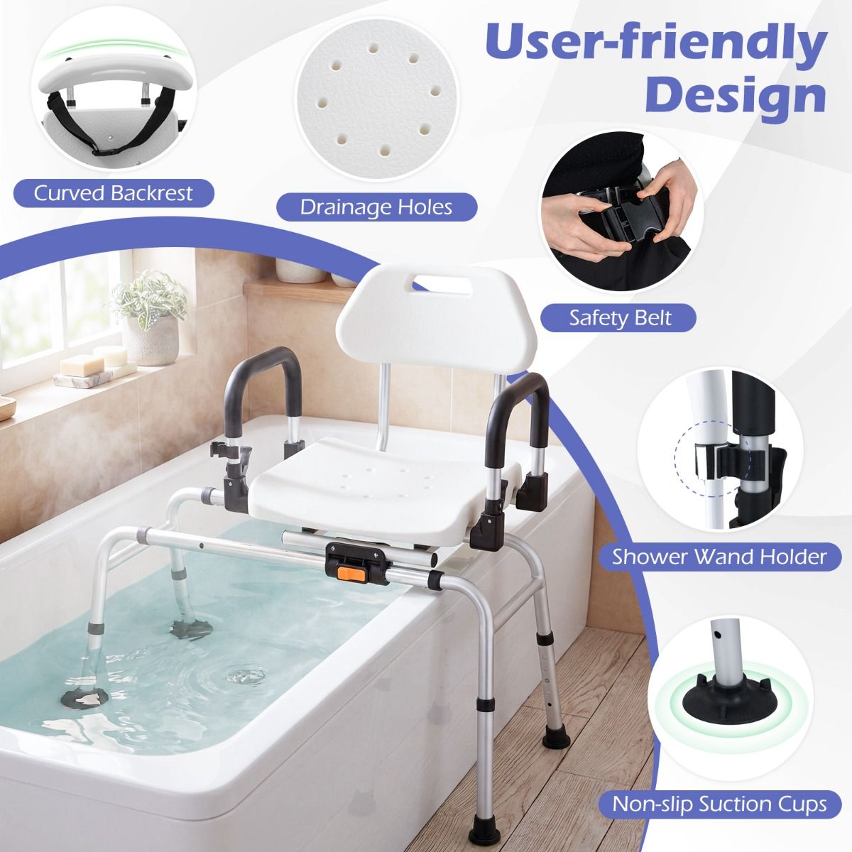 Banc de douche pivotant et coulissant Coast avec poignées et ceinture de sécurité - hauteur réglable 44-53,5 cm - argent/blanc/noir - 88 x 47 x 81-91 cm