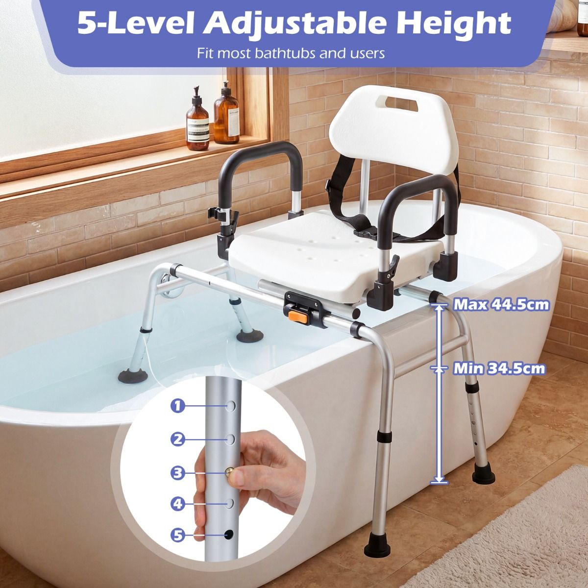Banc de douche pivotant et coulissant Coast avec poignées et ceinture de sécurité - hauteur réglable 44-53,5 cm - argent/blanc/noir - 88 x 47 x 81-91 cm