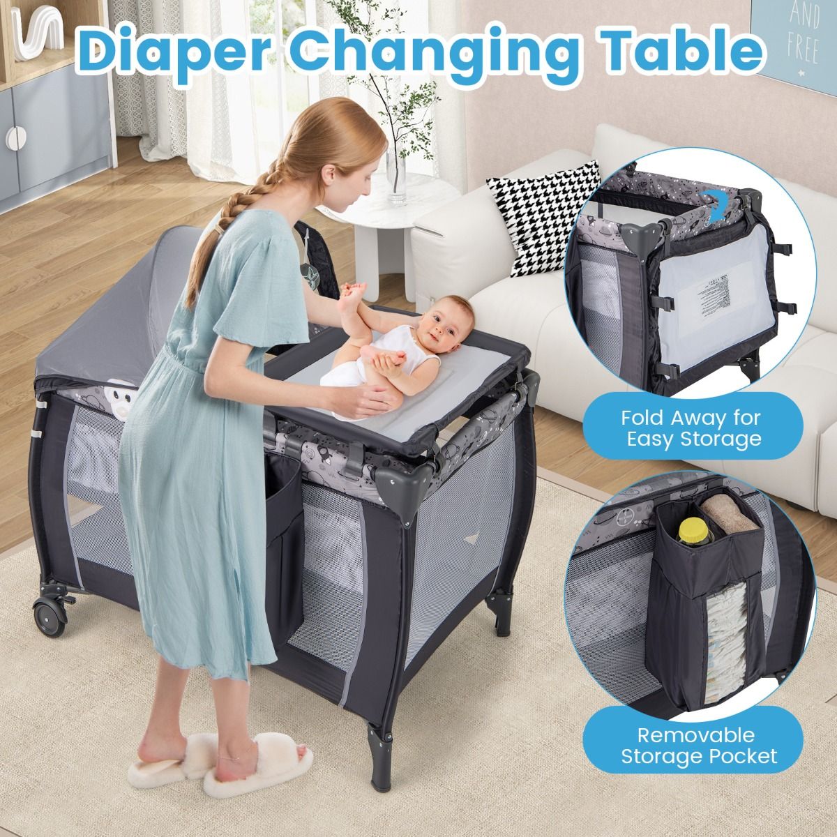 Coast 3-in-1 Travel Cot & Box with Canopy - Grey, 105 × 79 × 75 cm