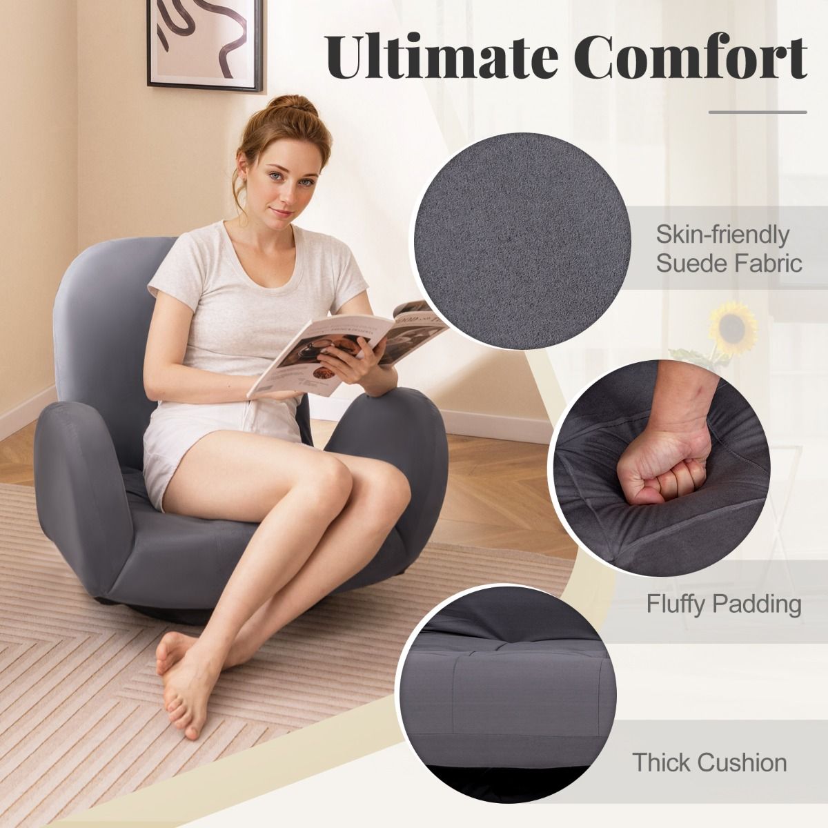 Chaise de sol pliante Coast - Pivotante - Gris - 89-115 x 72 x 46-63 cm