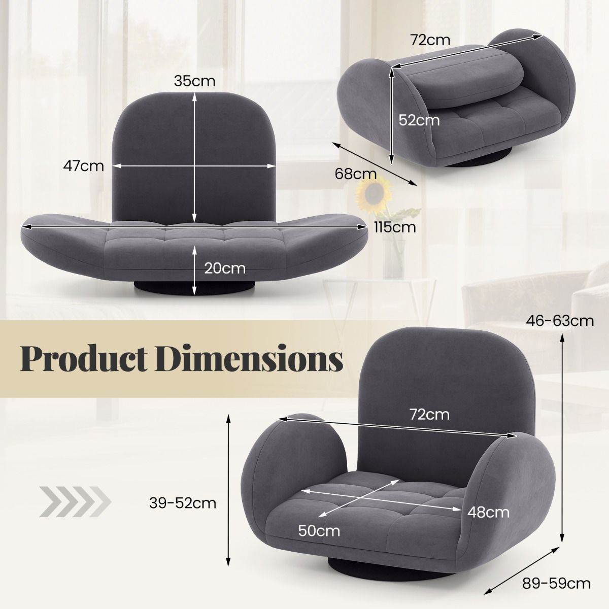 Chaise de sol pliante Coast - Pivotante - Gris - 89-115 x 72 x 46-63 cm