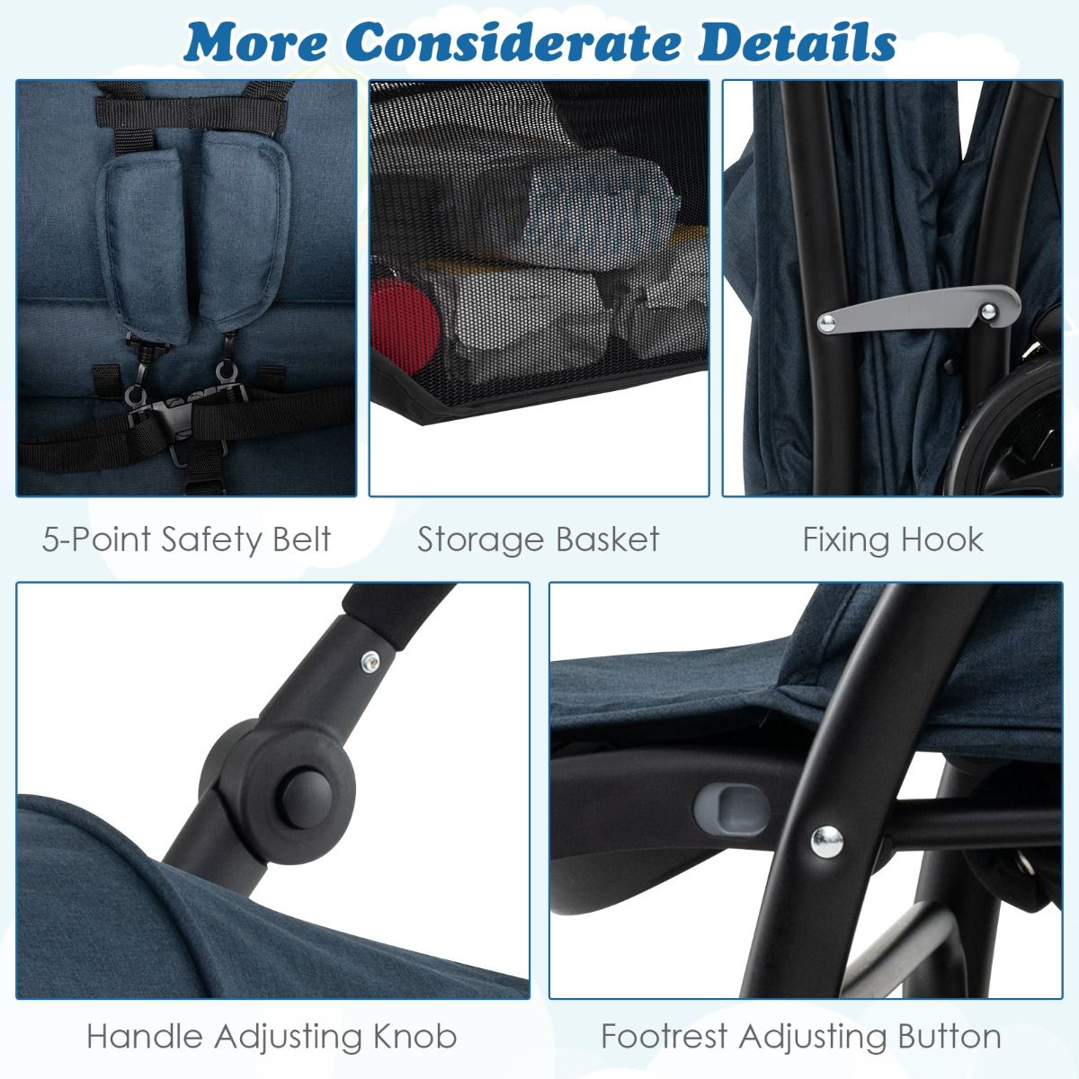 Poussette double pliable Coast - Bleu - 123 x 57 x 95-110 cm - Dossier et poignée de poussée réglables - Ceintures de sécurité 5 points