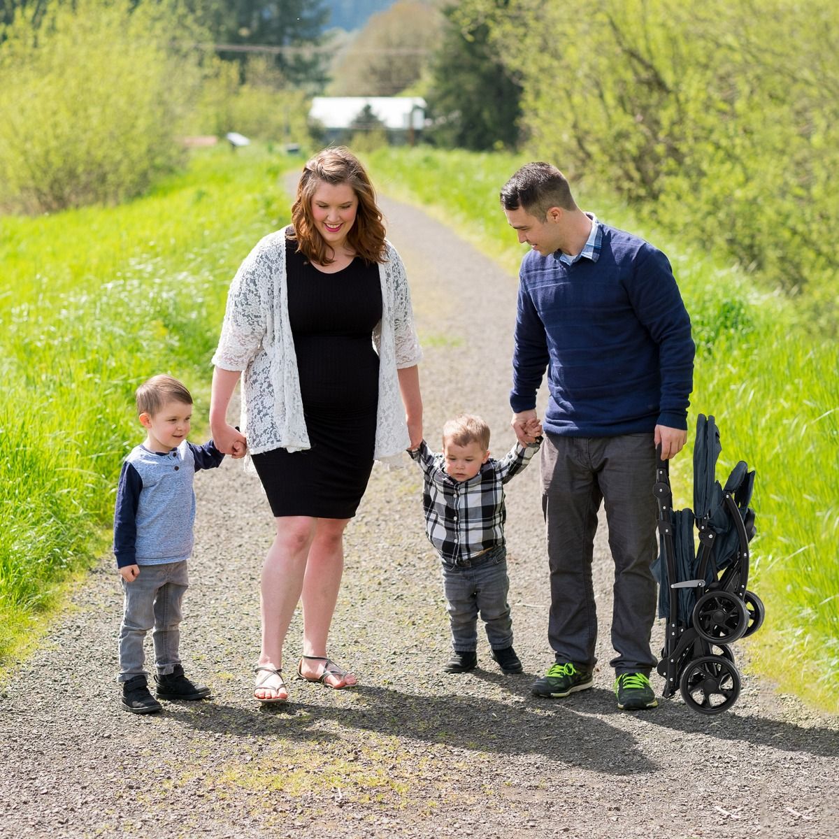 Poussette double pliable Coast - Bleu - 123 x 57 x 95-110 cm - Dossier et poignée de poussée réglables - Ceintures de sécurité 5 points