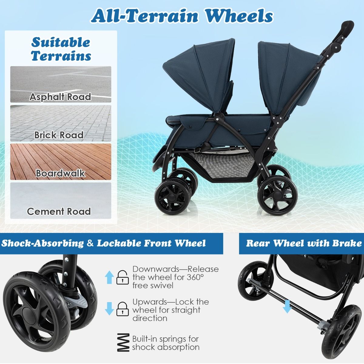 Poussette double pliable Coast - Bleu - 123 x 57 x 95-110 cm - Dossier et poignée de poussée réglables - Ceintures de sécurité 5 points