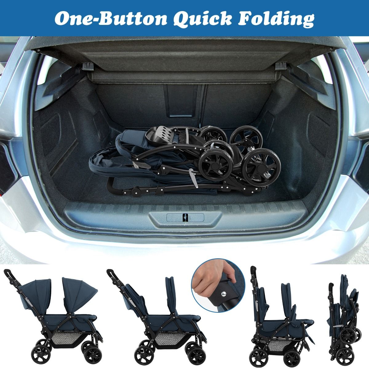 Poussette double pliable Coast - Bleu - 123 x 57 x 95-110 cm - Dossier et poignée de poussée réglables - Ceintures de sécurité 5 points