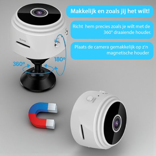 Tech Essentials® Mini caméra espion - 1080P/Full HD - Avec APP WiFi - Vision nocturne - Détection de mouvement - Caméra vidéo cachée compacte - Petite caméra d'intérieur - Espion - Sans fil - Animaux - Intelligente - Blanc