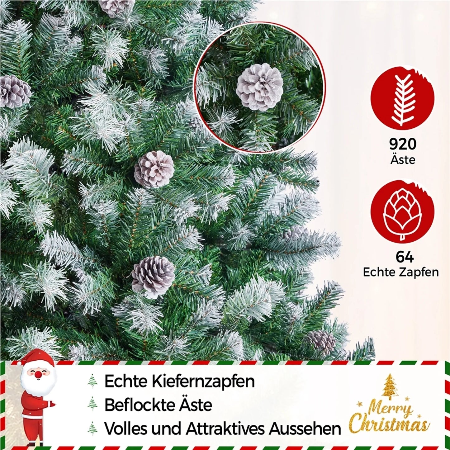 Yaheetech Arbre de Noël artificiel enneigé - 183 cm - avec 920 branches et pommes de pin naturelles et support métallique pliable - pour l'intérieur et l'extérieur - PVC vert et métal - 106 x 106 x 183 cm