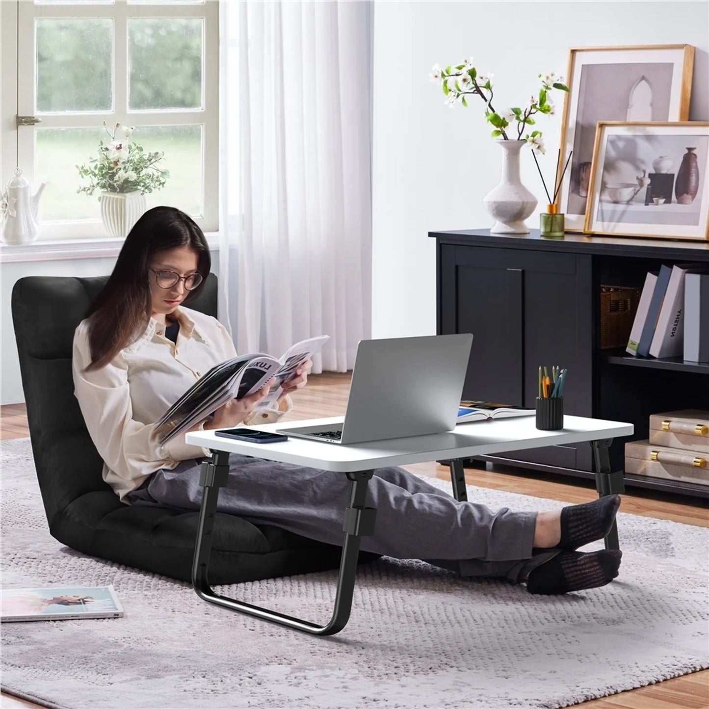Yaheetech Floor Chair Includes 14 Adjustable Stands - Features High Density Foam And Sturdy Metal Frame And Soft Plush Fabric - For Living Room And Playroom - Black Polyester - 111.5 x 53 x 14 cm