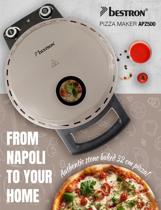 Bestron Turbo Pizza oven pour une pizza en 5-10 minutes, four à pizza électrique avec une température maximale réelle de 320°C, comprend une pierre à pizza et 2 grandes spatules en bois, Satin Collection, couleur : Beige