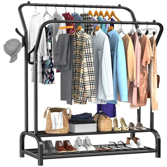 Avalo Industrial Clothes Rack Double Rod - Metal - 110x33x150 CM - Black - Storage For Shoes - Wardrobe Rack With Hooks